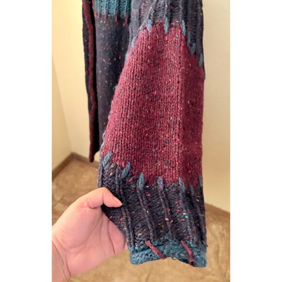 VTG Colorblock Knit Cardigan Wool Blend Open Front Pockets Boho Oversized L/XL - Picture 4 of 5